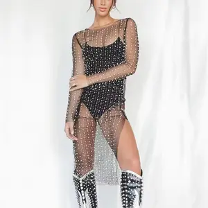 New Hot Sale Sexy Beaded Rhinestone Blouse Mesh Side Split Dress