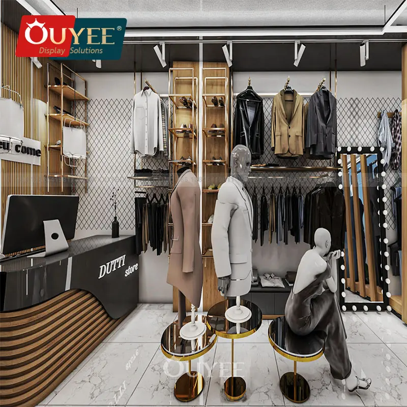 उच्च गुणवत्ता वाले स्टोर दीवार प्रदर्शन कपड़े का नाम ब्रांड कपड़े की दुकानें कपड़ों की दुकान के लिए गोल कपड़े का रैक