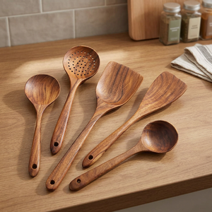 Wood Cooking <b>Utensil</b> <b>Set</b> 5-Piece Spoons Spatulas Heat Resistant Kitchen Tools - Product Image 1