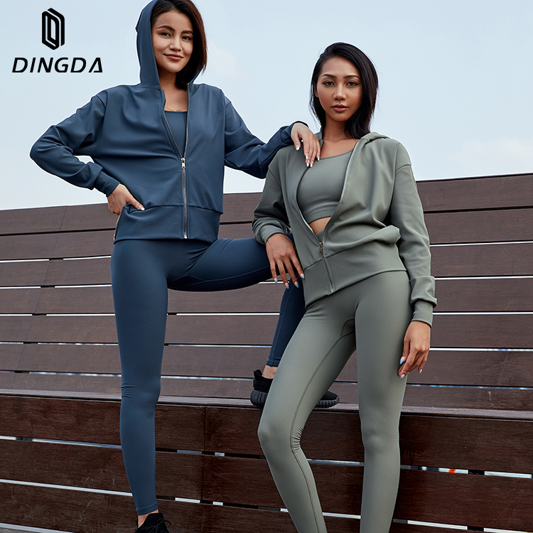Solid Color Ribbed Fitness Yoga 3 Piece Set Yoga Bra Leggings and Jacket Set for Women