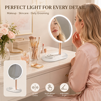 Organisateur de cosmétiques de bureau avec miroir et éclairage LED circulaire, miroir de maquillage rond à écran tactile en blanc et rose
