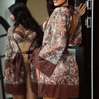 Ensemble de lingerie 3 pièces OEM à imprimé floral léopard avec dentelle, soutien-gorge, culotte et robe transparente à ceinture pour femme, tenue de nuit