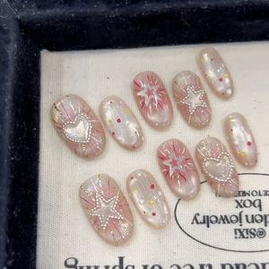 Uñas Postizas Hechas a Mano y <span class=keywords><strong>Pintadas</strong></span> a Mano con Diseño de Ojo de Gato Brillante, Polvo de Hadas, Estrella de Cinco Puntas, Chica Guerrera con Armadura - Product Image 3