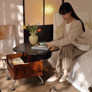 French Style Vintage <b>Solid</b> <b>Wood</b> Petal Shaped Tea <b>Table</b> With Wheels For Living Room Bedroom - Product Image 2