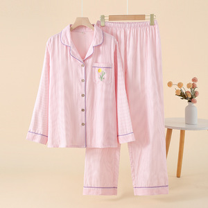 Nuovo Pigiama da Donna <span class=keywords><strong>in</strong></span> Puro <span class=keywords><strong>Cotone</strong></span> a Doppio Strato di Garza, Completo Homewear a Maniche Lunghe con Vita Elasticizzata per Primavera e Autunno - Product Image 3