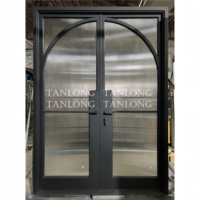 Porte d'entrée double à arche française Tanlong, cadre en acier noir mat, verre cannelé, porte battante moderne, porte d'entrée en verre pour l'intimité