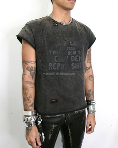 Custom Raw Hem Screen Print Ripped Muscle Fit Tank Top Chaleco sin mangas Camiseta Stone Faded Tee Distressed Acid Wash Camisetas Hombres - Product Image 2