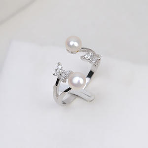 Bague double papillon en argent S925 avec plusieurs perles 6-7 mm, ouverte, pour femme, style DIY, bijoux tendance, incrustation de diamants taillés 87 - Product Image 1