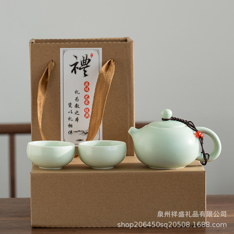 Caja de piel de vacuno mate, 1 olla y 2 tazas - verde