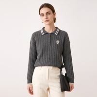 Nouveau Pull Femme 2026 en Cachemire Pur à 100% Col Polo Tricoté Câblé 16.2µm Stoll Tracable Luxe Héritage Preppy