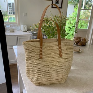 กระเป๋าโท้ทสานฟางขนาดใหญ่สำหรับฤดูร้อนสำหรับผู้หญิง กระเป๋าสะพายไหล่ทรงสี่เหลี่ยมแนวนอนสีพื้นสำหรับไปเที่ยวชายหาด สีน้ำตาลแอปริคอต - Product Image 2