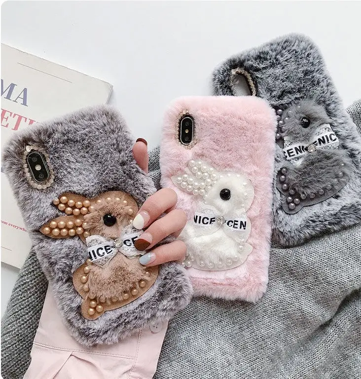 Warm Plush Beaded Rabbit Girls Fur Fluffy Protective Mobile Cell Phone Back Cover Case For iPhone 13 Pro Max Cases and Covers