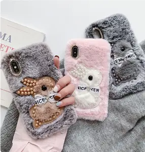 Warm Plush Beaded Rabbit Girls Mobile Case For iPhone 12 Fur Fluffy Phone Case Pearl Diamond Cute Animal Designer Phone Case