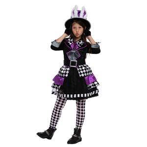 Ensemble de déguisements de <span class=keywords><strong>chapelier</strong></span> <span class=keywords><strong>fou</strong></span> noir et violet pour Halloween robe fantaisie pour filles avec chapeau à oreilles de lapin chaussettes à carreaux robe de bal de fête d'Halloween - Product Image 4