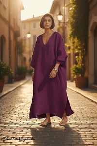 Robe caftan en lin violet pour femme, col en V, manches courtes, silhouette trapèze, longueur maxi, écologique, respirante, lavable, style naturel de villégiature - Product Image 5