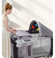 Lit Bébé Multifonctionnel Pliable avec Moustiquaire, Table à Langer Mobile et Parc de Jeu