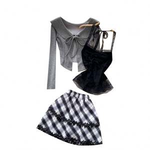 Ensemble 3 pièces Y2K pour femmes, haut tube halter et jupe en dentelle, vêtements en gros - Product Image 5