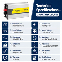 Convertisseur AC PSW 2000W 12V vers 220V 2KVA 60Hz à sortie unique pour usage industriel et appareils électroménagers