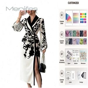 Kadın sonbahar ve kış fransız zarif çiçek baskı resmi ofis elbiseler V boyun yarık uzun elbise kadın abiye - Product Image 1