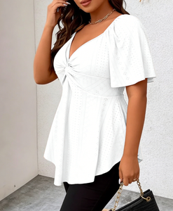 Chemisier Peplum Femme Grande Taille Blanc en Fibre de Lait Tricoté Col V Torsadé à Volants Manches Courtes avec Nœud Design Décontracté - Product Image 1