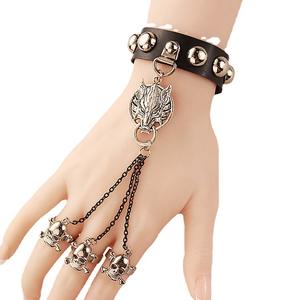 Gothic Steampunk Strass Armband Tier Wolf Schädel Armband Leder Gürtel Band Ring Kette Armband für Freund Freundin - Product Image 3