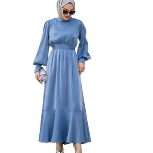 Dubai Middle East Indonesian Women's Modest Dress Long Sleeve High Waist Solid Color Falbala Dress For Muslim Women Cabaya Abaya