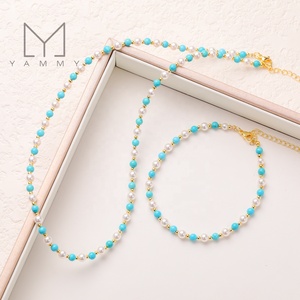 Hạt nhỏ màu xanh ngọc lam với vỏ Trắng Ngọc Trai Hạt Vòng Cổ Vòng tay thiết lập cho Phong Cách Bohemia, quà tặng cho cô ấy. - Product Image 2