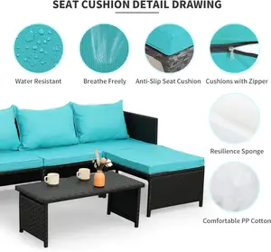 Outdoor PE Rattan Furniture Set Patio Black Wicker Conversation Sofa Sectional Couch Turquoise Cushion