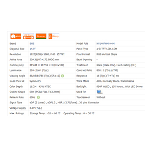 شاشة لابتوب LCD مقاس 14.0 بوصة طراز 700:1 NV140FHM-N4F/7/H بتقنية IPS وHDR ونسبة عرض إلى ارتفاع 16:9 ودقة 1920×1080 وسطوع 300 شمعة/م² وتغطية لونية 92% SRGB و262 ألف لون (6 بت) مع إضاءة خلفية LED صغيرة - Product Image 6