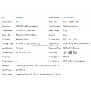 ผู้จัดจำหน่ายหน้าจอ LCD รุ่น TM035KDH04 ขนาด 3.5 นิ้ว ความละเอียด 320*240 ระดับอุตสาหกรรม แผงจอแสดงผล ของแท้ใหม่เอี่ยม M035KDH04-09 - Product Image 3