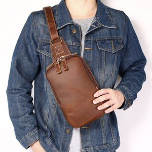 Vintage Genuine Leather Men's Chest <b>Bag</b> Dark Brown Coffee Color Top Grain Cowhide Handmade Double Zipper Crossbody - Product Image 2