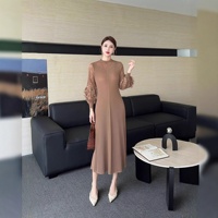 Femmes modeste islamique musulman à manches longues tenue décontractée Miyake plissé Abaya dentelle fleur solide en mousseline de soie soirée naturel basique Sexy