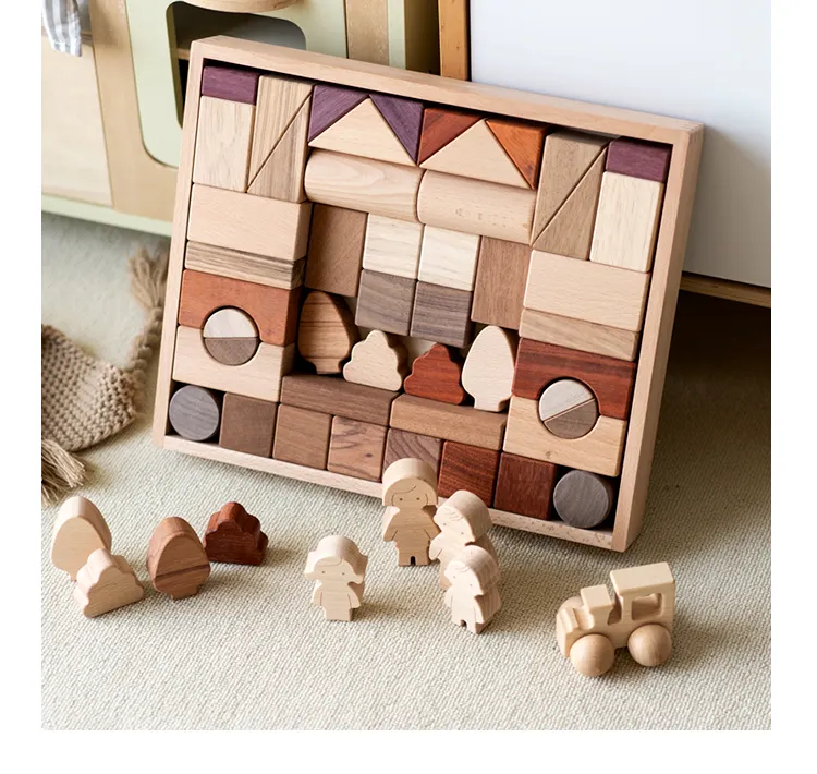 Natural Beech Wood - Montessori Building Blocks STEM Preschool Educational Wooden Stacking Toys for 3 4 5 Year Old Boys Girls