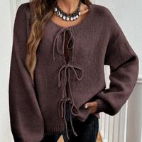 Strickjacke mit Rundhalsausschnitt und Schnürung, schlichter, lässiger Pullover für Damen, einfarbig, für den Herbst