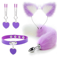 Ensemble populaire d'accessoires de bondage pour lesbiennes : Plug anal en métal, queue de lapin/renard/chat, pinces à tétons, bandeau, oreilles de chat et autres jouets sexuels SM