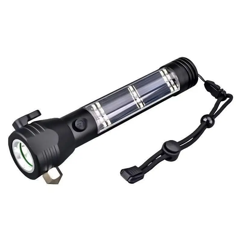 Multifunctionele Outdoor Zonne-Auto Opladen Led Tactische Zaklamp Usb Oplaadbare Mes Snijden Noodzaklamp Licht