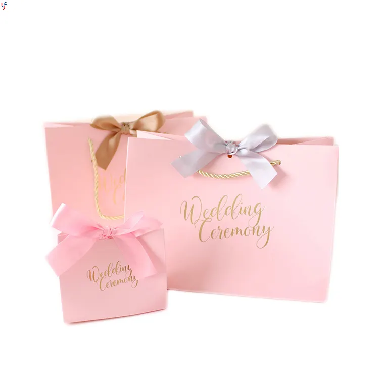 Small Personalized Cheap Indian Pink Custom Logo Luxury Wedding Small Thank You Gift Bags for Guest Gold