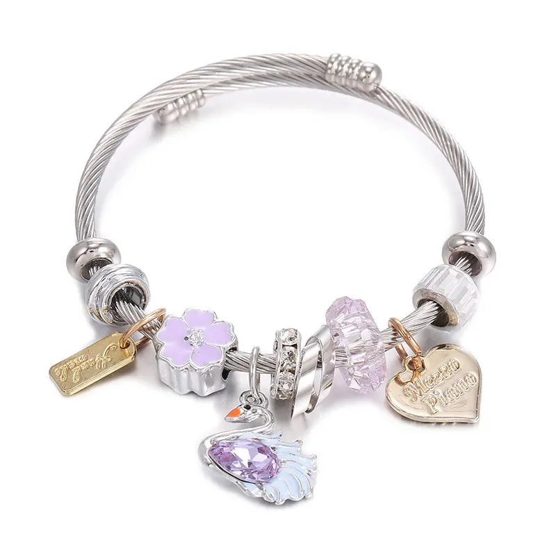 Silver Bangle Pink Crystal Beads Custom Charm Bracelet Girls Jewelry