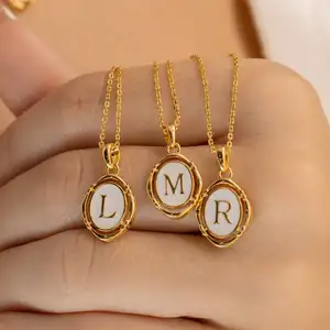 QIFEI 26 Letter Oval Pendant Necklace Brass Necklace with Pendant Gold Plated Adjustable