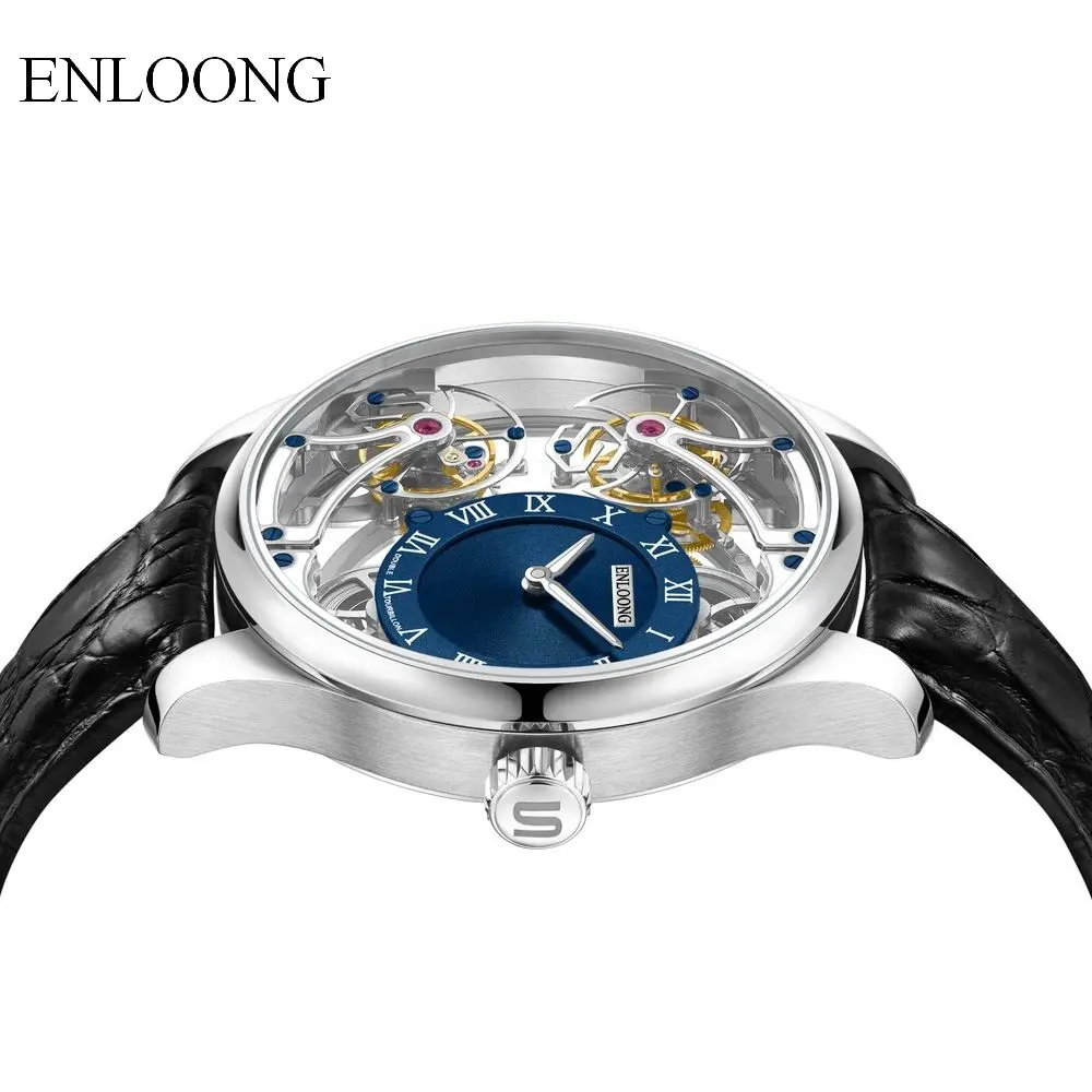 ENLOONG Luxus Skelett Doppel-Tourbillon-Uhren Herren mechanische Armbanduhr OEM individuelles Logo Uhr Tourbillon