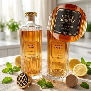 Bouteille de spiritueux en verre vide de luxe de style rond, personnalisable, 700 ml, 750 ml, pour whisky, gin, vodka, <span class=keywords><strong>tequila</strong></span> - Product Image 1