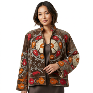 Blouson bomber matelassé en velours tricoté brodé avec motif floral, manches longues, doublure en laine, automne, pour femme - Product Image 1