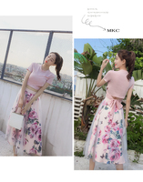 Été femmes 2 pièces ensemble mode rose coton noeud papillon court t-shirt + maille imprimé fleuri grande balançoire longue jupe costumes