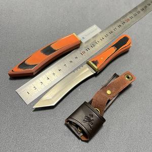 Funda de mango de madera de color naranja y negro, 67 capas, hoja de acero de Damasco arqueada, hebilla de cinturón de PU, cuchillo de hoja fija de caza, funda de EVA - Product Image 6