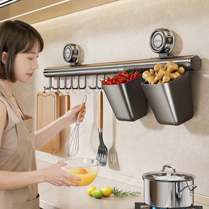 <b>Kitchen</b> Suction Cup Rack With <b>Hooks</b> And Containers Wall Mounted Punch Free Storage For Utensils And Food Items - Product Image 2