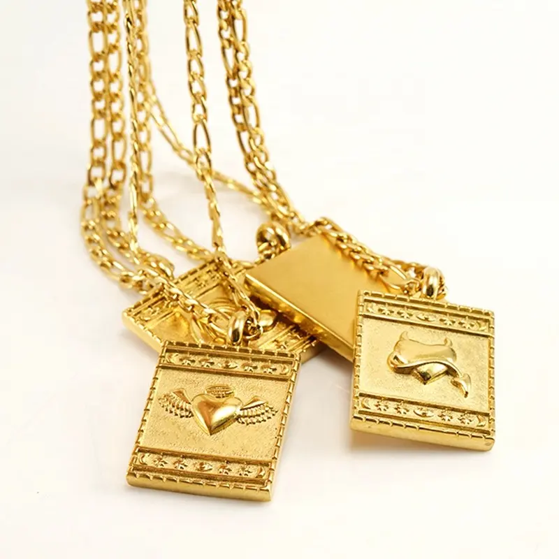 MECYLIFE 18K Gold Figaro Chain Pendant Square Pendant Stainless Steel Women Necklace Angel Wing Heart Crown Necklace