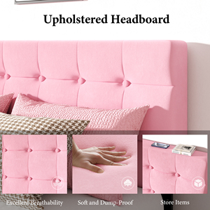 Cama Moderna con Plataforma Rosa, Mesitas de Noche a Juego y Juego de Ropa de Cama de Textura Suave para Decoración de Dormitorio Juvenil - Product Image 2