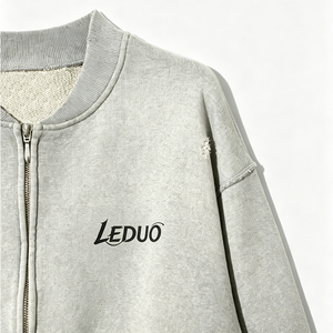 Chaqueta Bomber Vintage Gris Desgastada con Cierre, Logotipo Personalizado, Cuello de Béisbol, Sudadera Extra Grande y Gruesa para Hombre - Product Image 2