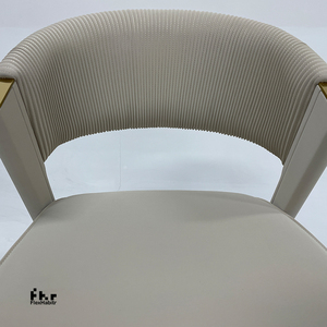 Modern Beige PU Leather Dining <b>Chair</b> Vertical Ribbed <b>Back</b> Gold Accent Upholstered for Restaurant Hotel - Product Image 1