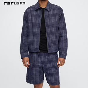 Conjunto de Chaqueta con Cierre y Pantalones Cortos a Cuadros de Lino y Algodón Personalizado OEM para Hombre, con Pantalones Cortos Vintage y Atuendo Urbano Transpirable de Dos Piezas - Product Image 1